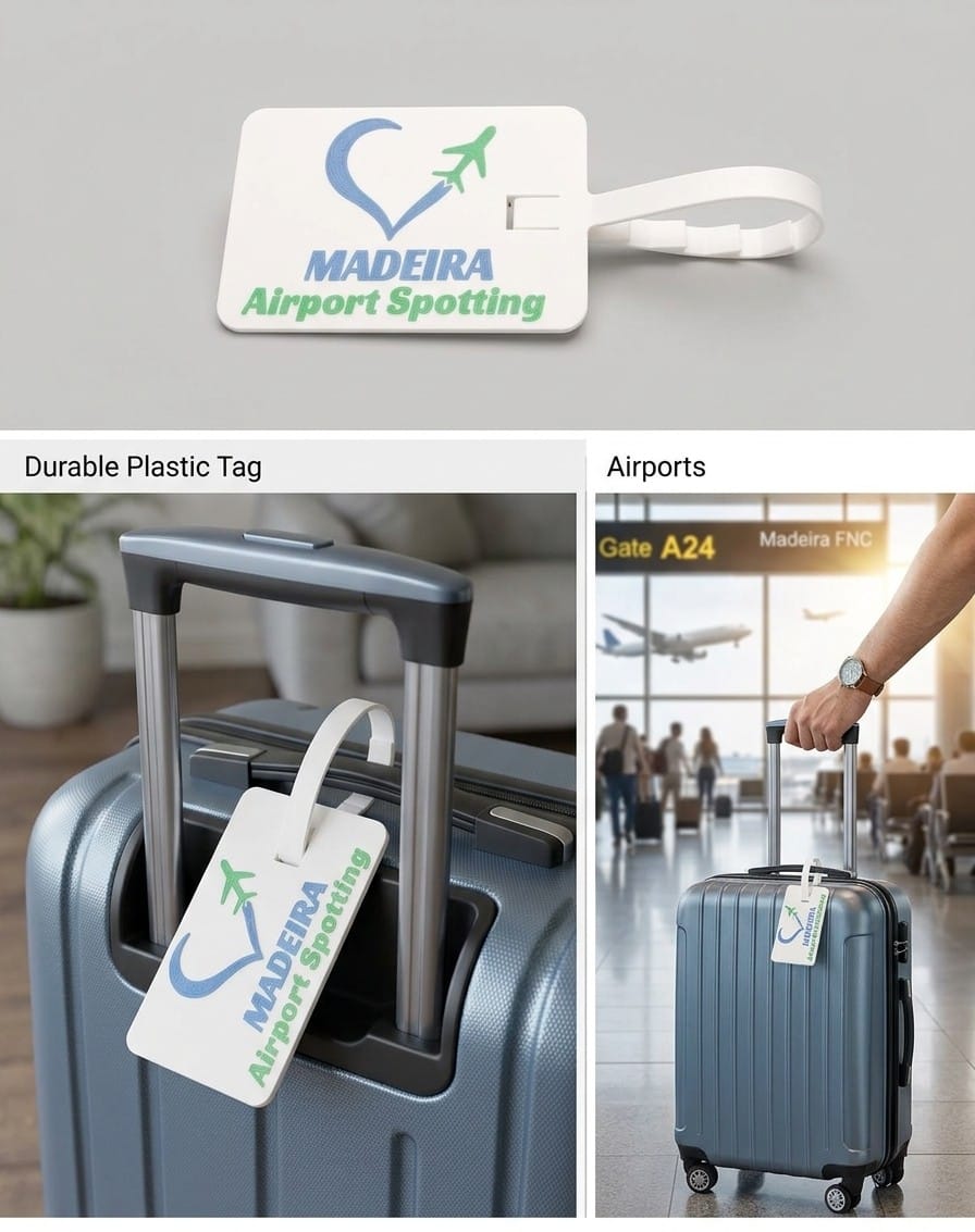 A white plastic luggage tag with a white loop strap, printed with a blue heart-shaped logo, green airplane icon, and the text 'MADEIRA Airport Spotting'. The collage shows the tag on a suitcase handle, and a lifestyle scene of a person pulling a suitcase in an airport with the tag attached.
