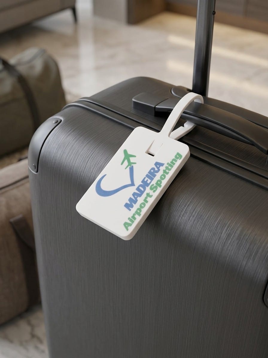 A white luggage tag with a blue and green Madeira Airport Spotting logo, attached to the handle of a dark gray hard-shell suitcase in a hotel lobby setting.